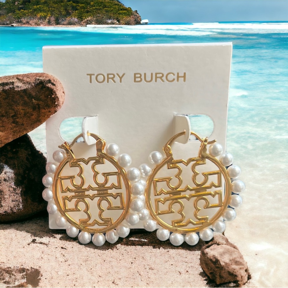 Tory Burch Medium Hoops With Mini Pearls